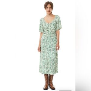 GANNI Green PRINTED CREPE U-NECK MIDI DRESS